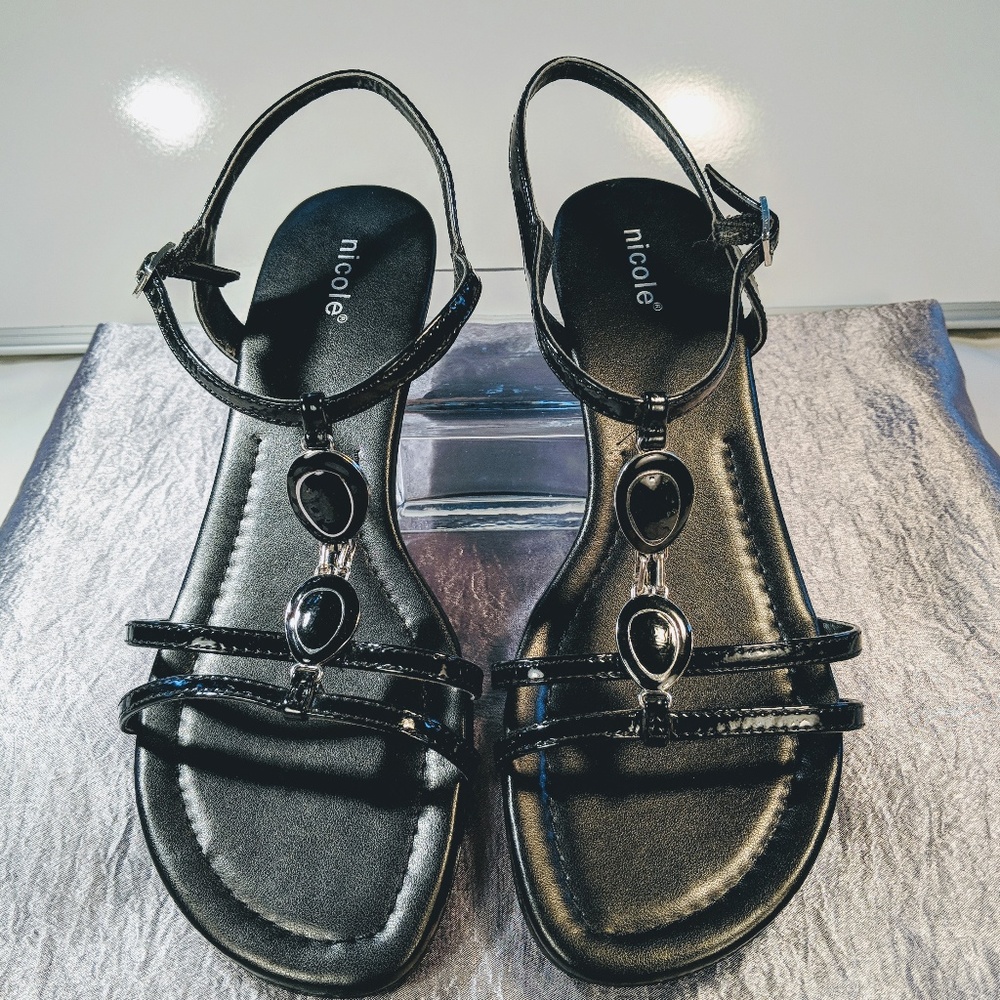 Embellished Black Sandals With A Small Wedge Heel